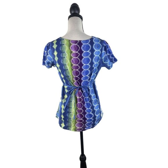 Short Sleeve Tie Dye Floral Multicolor Tie Back Tunic Top Artsy Size Small - Picture 3 of 7